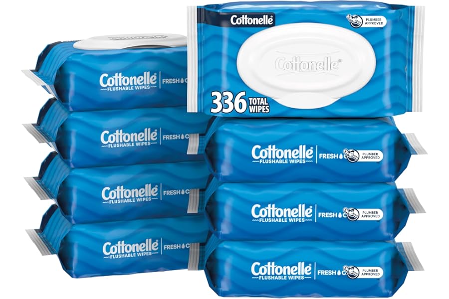 Cottonelle Fresh Feel Flushable Wet Wipes, Adult Wet Wipes, 8 Flip-Top Packs, 42 Wipes Per Pack (336 Total Wipes), Packaging 