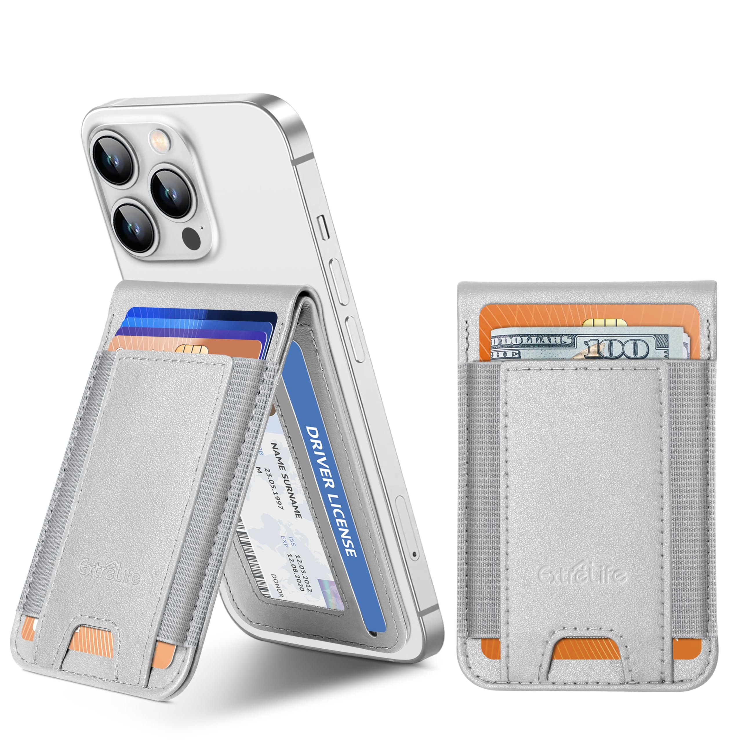 Phone Wallet Stick On, Upgraded Phone Wallet with Adjustable Stand, Open ID Window, 8-Card Holder, Stronger 3M Adhesive Credit Card Holder for Back of Phone Case, iPhone, Samsung and Android, Gray