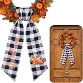 VitalCozy Fall Pumpkin Wreath Sash for Front Door Buffalo Plaid | Welcome Pumpkin Print, Buffalo Check Pattern, Halloween Autumn Decor, Satin Ribbon for Wreaths, Indoor Outdoor