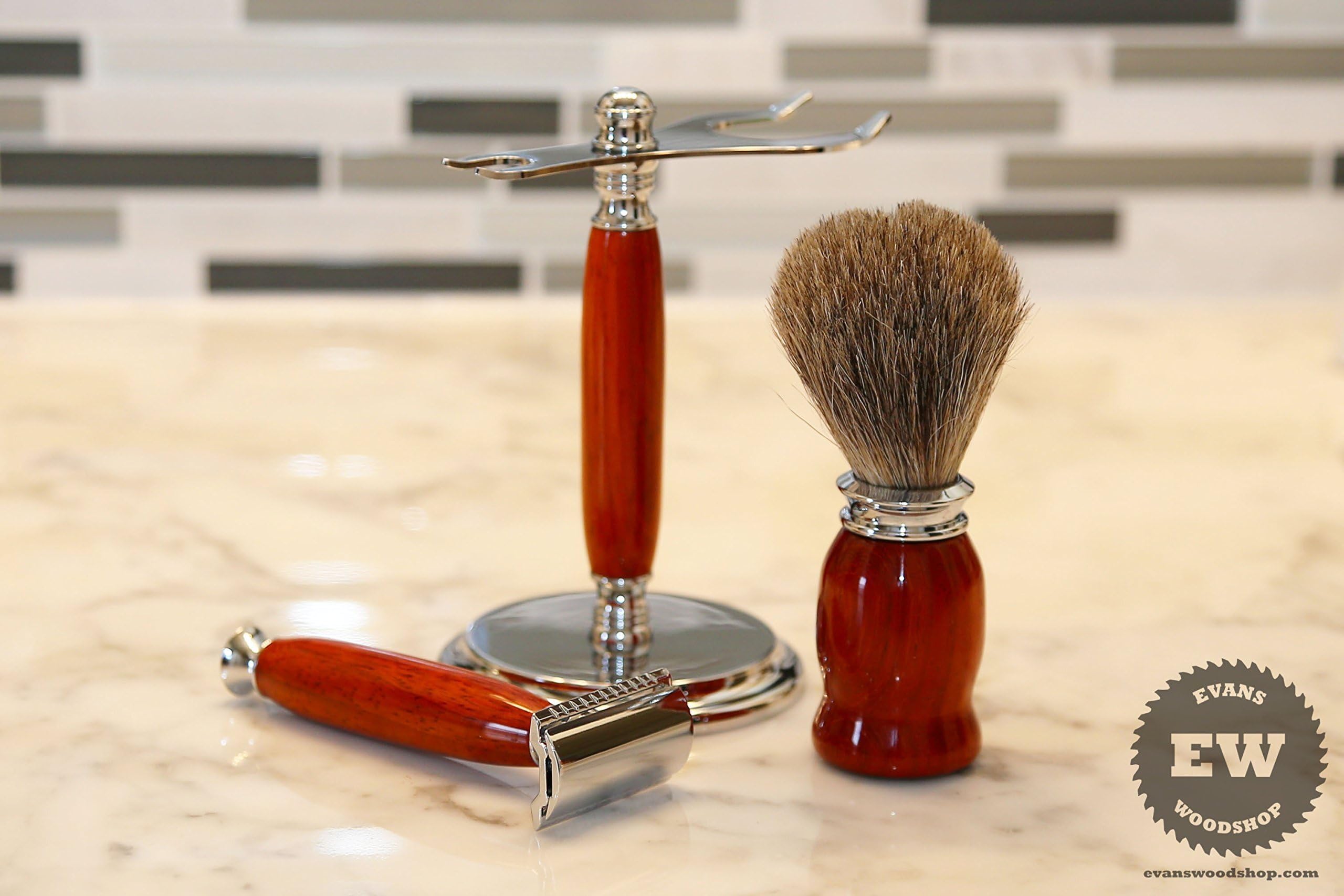 Handmade Shaving Kit - Padauk Wood - Handmade Shaving Set with Shaving Stand, Shave Brush & Razor Handle - Father's Day Gift, Groomsman Gift, Christmas Gift