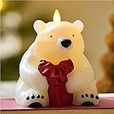 Luminara Flickering Flameless Candle 5" x 5.5", Battery Operated & Timer Function, Remote Ready (Sold Separately), Polar Bear w/Gift Moving Flame LED Light Figural Decor for Christmas Winter Holidays