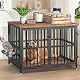 PETIMBER Wooden Dog Crate Furniture with 360° Rotating Feeder & 2 Bowls, Double-Door Kennel End Table for Medium & Large Dogs (29.9" L x 20.8" W x 25.2" H)