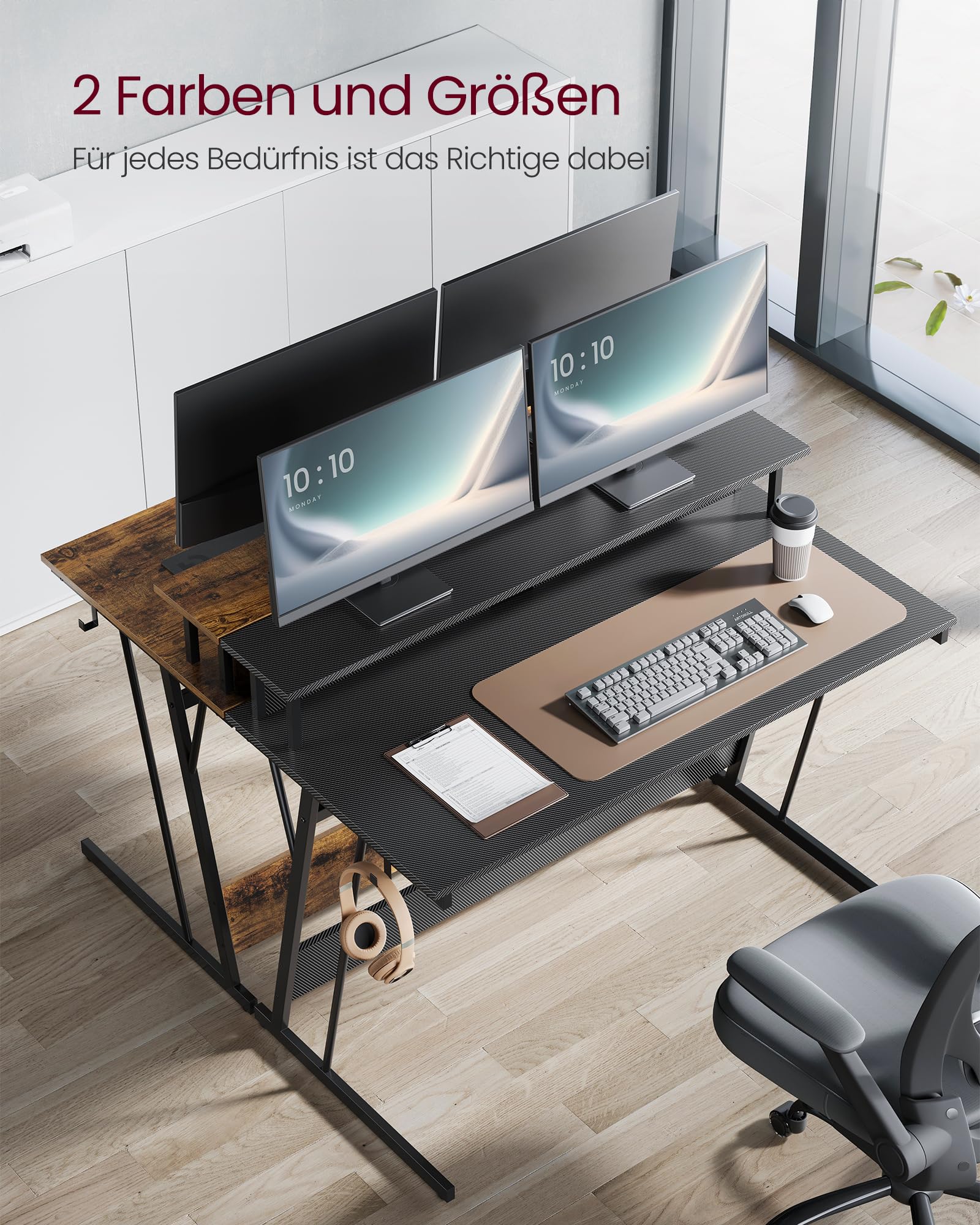 VASAGLE Schreibtisch, Gaming Tisch mit eingebauter Steckdosenleiste, Computertisch, mit Monitorständer für 2 Monitore, Schlafzimmer, 60 x 120 x 76 cm, rußschwarz LWD192B02 7