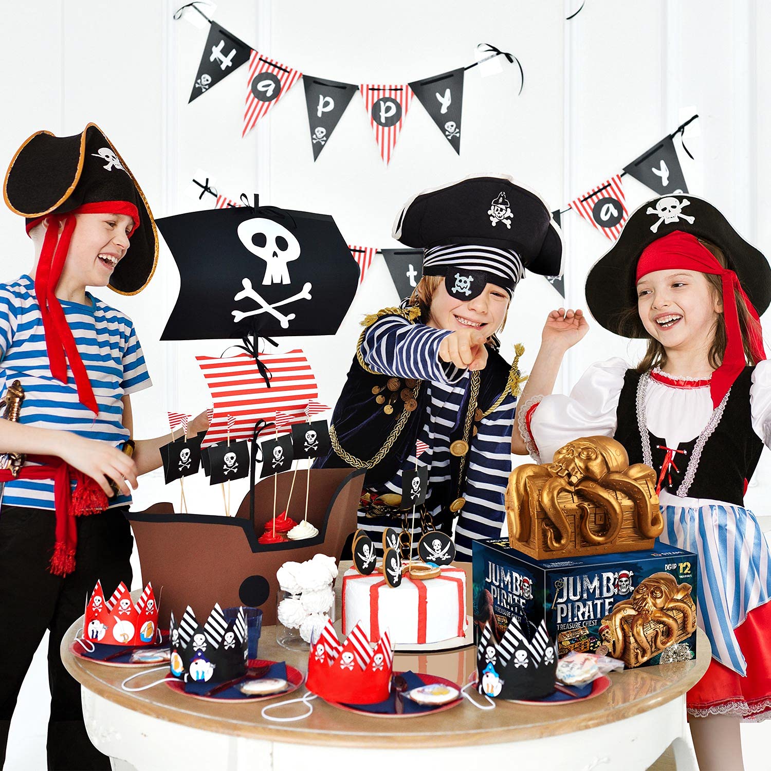 XXTOYS Jumbo Pirate Dig Kit - Dig up 12 Pirate Treasures, Gemstones, Gold Coins - Pirate Toys for Kids - Great Birthday Party Supplies, Gifts Idea for Boys & Girls - Includes Treasure Chest
