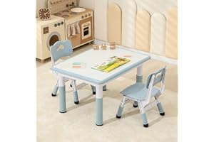 Hulaibit Toddler Table and 2 Chairs, Height-Adjustable Kids Table and Chairs Set, 31.5''L x 23.6''W Children Activity for Boys and Girls Aged 3-8