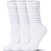 Toetally Pilates Socks with Grips for Women Long Slouch Non-Slip Yoga Barre Cushioned Workout Scrunch Socks 3 Pairs