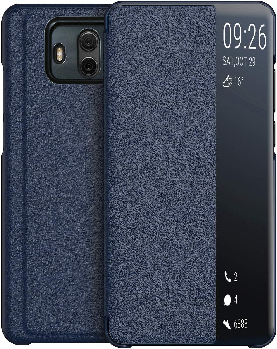 KANSI compatible for Huawei Mate 10 Case, Smart View Flip PU Leather Case Cover + Tempered Glass - Navy