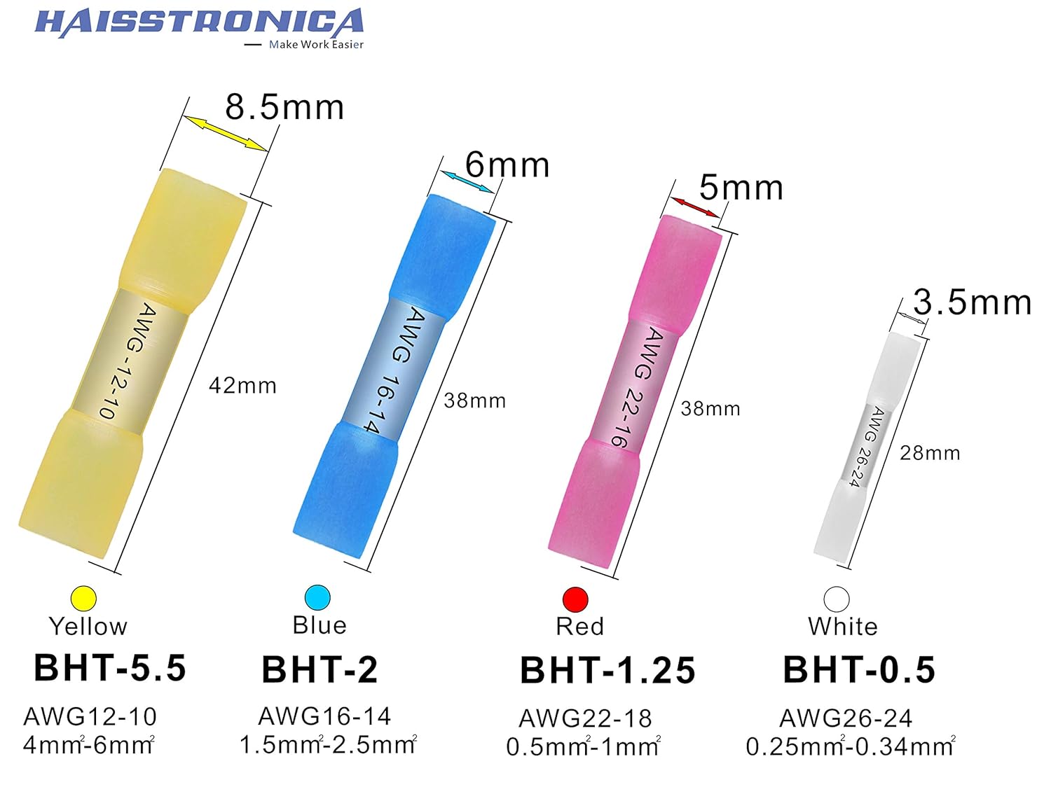 Haisstronica 200PCS 22-16 Awg Red Heat Shrink Butt Connectors-Tinned Red Copper 0.7mm-Marine Grade Insulated Crimp Wire Connectors-Waterproof Electrical Connectors-Butt Splice for Marine, Boat, Stereo: Industrial & Scientific