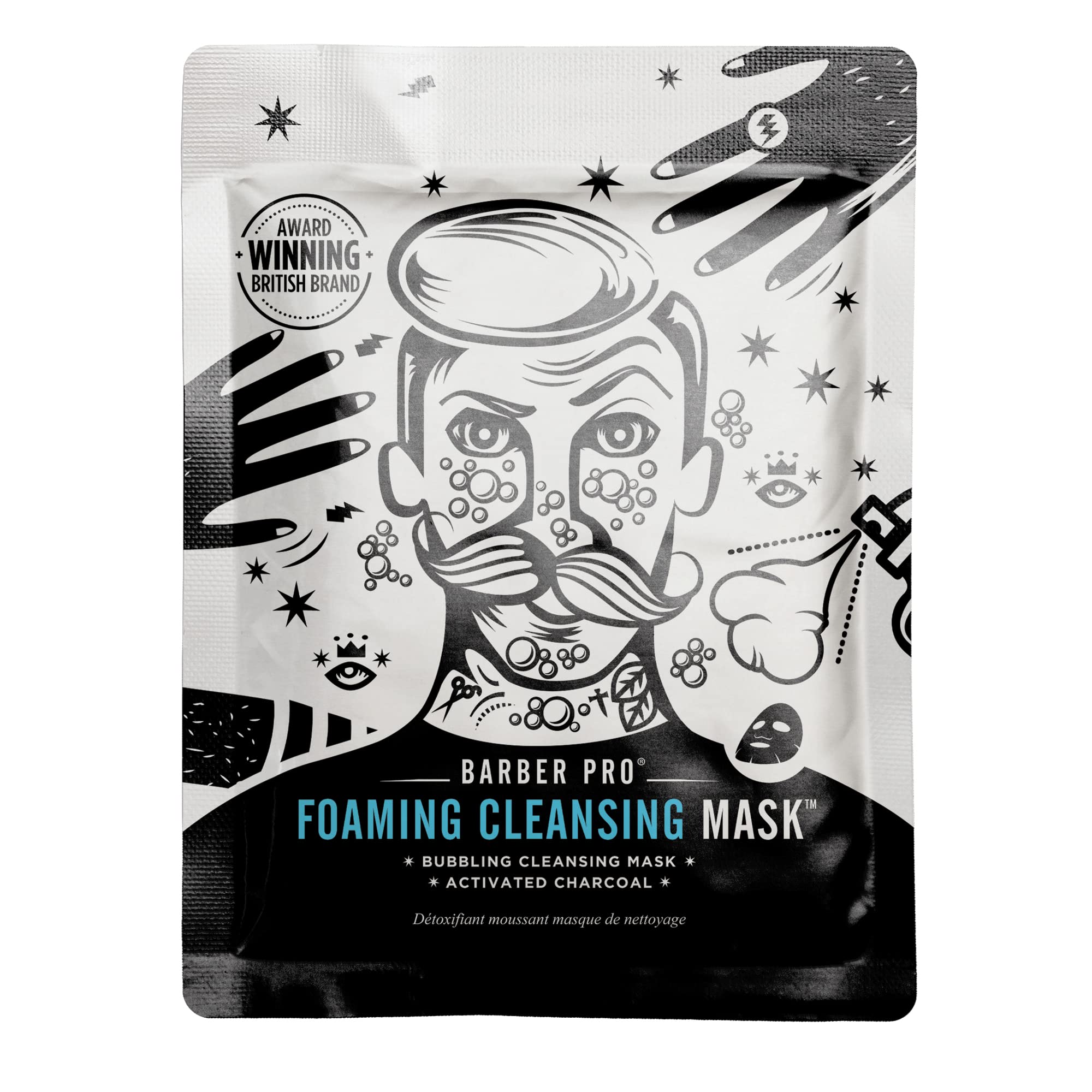 BARBER PRO Mens Face Mask Self Foaming Deep Cleanse Sheet Activated Charcoal Firming Purifying Clarifying Pores Tackles Blackheads Natural Vegan Skincare Multi Award Winning Brand