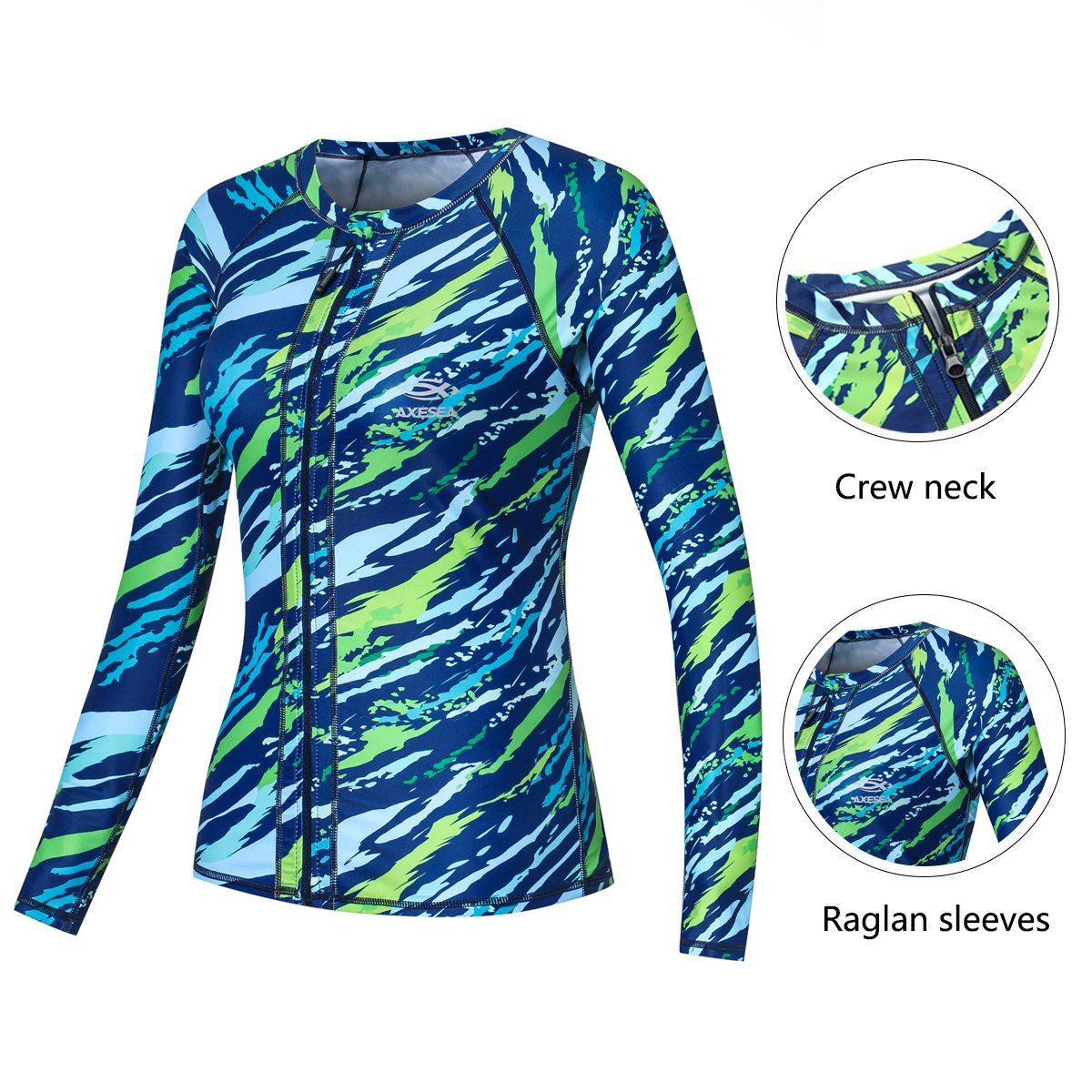AXESEA Women Long Sleeve Rash Guard UPF 50+ UV Sun Protection Zip Front