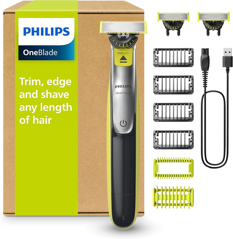 OneBlade 360 Face & Body - elektrischer Rasierer, Trimmer & Bodygroomer, 3x 360 Klingen, 4x Trimmaufsätze (1/2/3/5 mm), 2x Körperaufsätze, Nass- & Trockenrasur für Gesicht & Körper (QP2834/31)