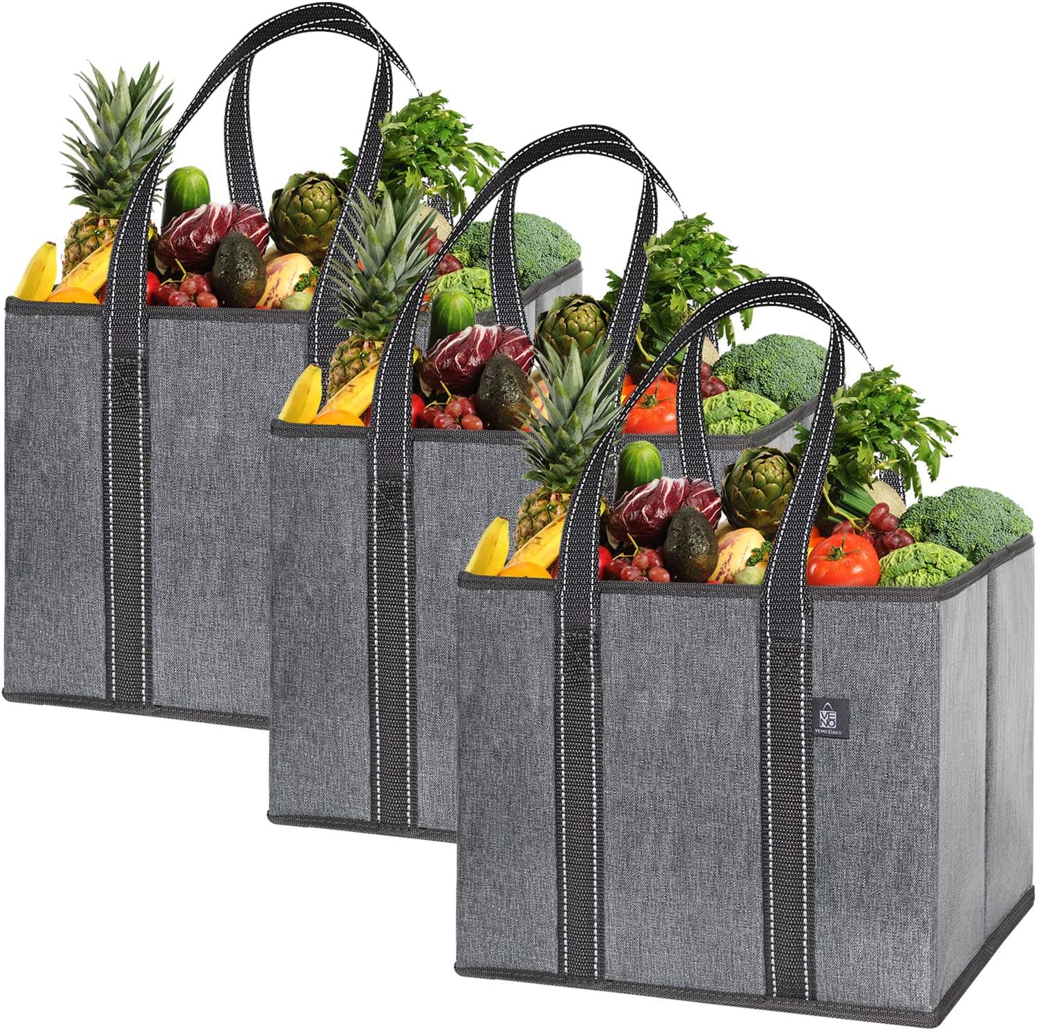VENO Reusable Grocery Shopping Bags, Storage Boxes, Handy, Premium Quality, Heavy Duty Tote with Handles, Reinforced Bottom, Foldable, Collapsible, Made from Recycled Material (Gray/Glossy)