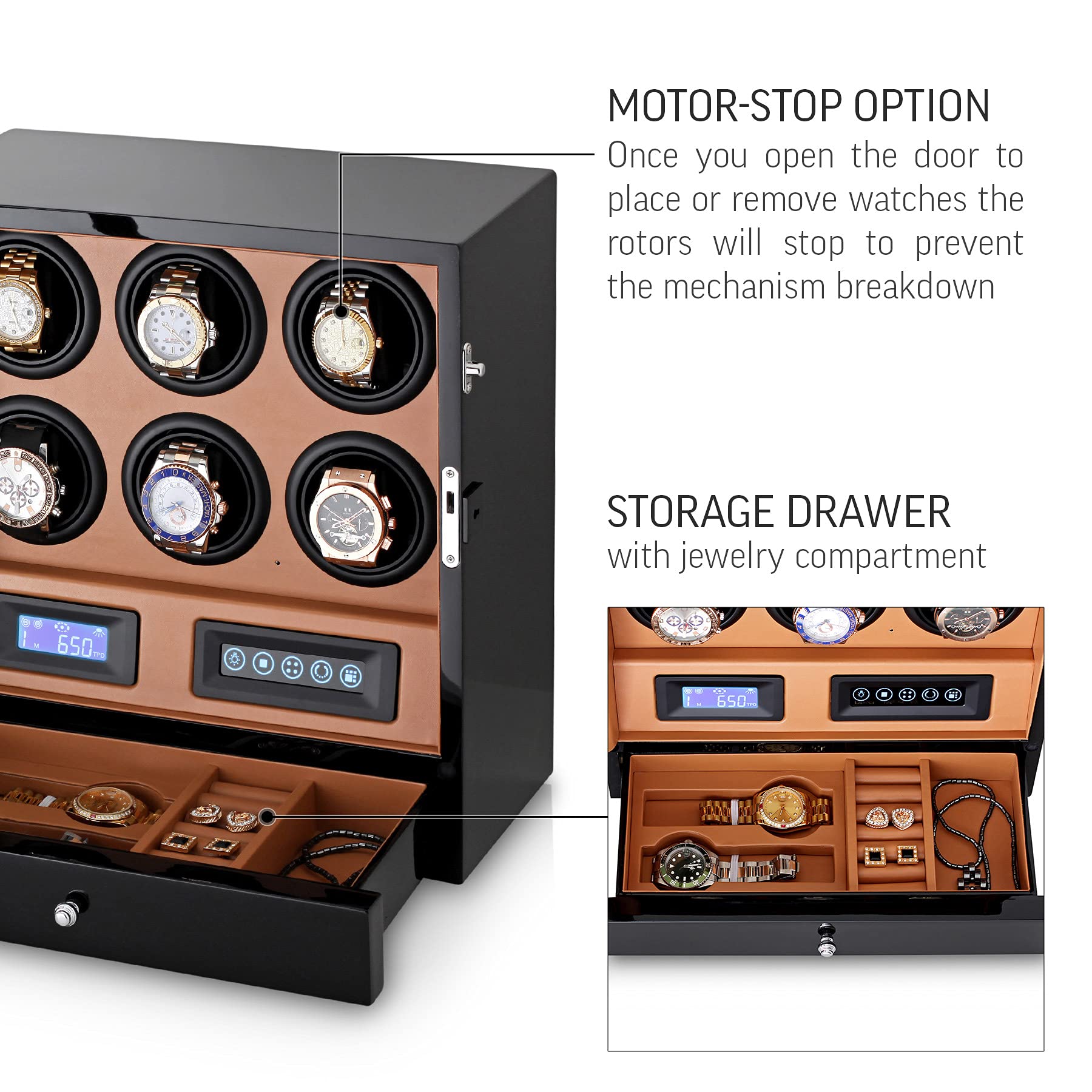 Watch Winder for 6 Watches with 2 Watches Storage Drawer, LED Backlight, LCD Display and Remote Control