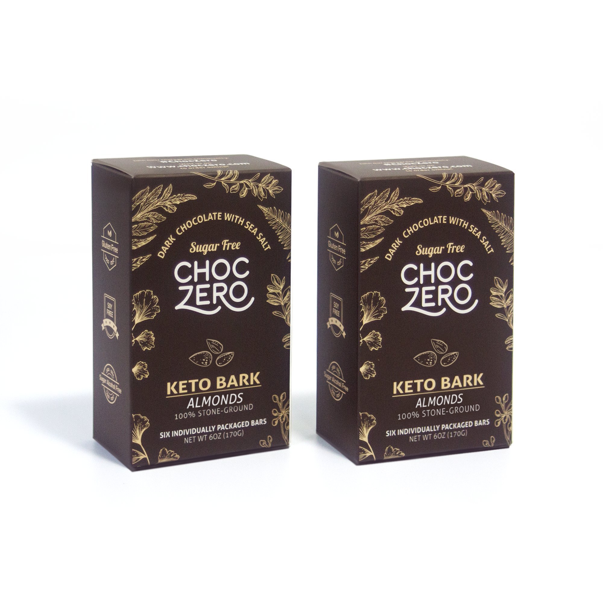 ChocZero's Keto Bark, Dark Chocolate Almonds with Sea Salt. 100% Stone-Ground, Sugar Free, Low Carb. No Sugar Alcohols, No Artificial Sweeteners, All Natural, Non-GMO (2 boxes, 6 bars/each)