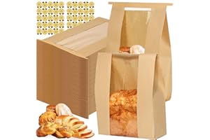 Sublaga Bread Bags with Tin Tie Tab Lock, 70 Pack Large Kraft Paper Sour Dough Bag for Homemade Bread Sourdough Bags 14" x 8.3" x 3.5" for Treat Packaging Storage Gift Giving with 75 Pcs Seal Sticker