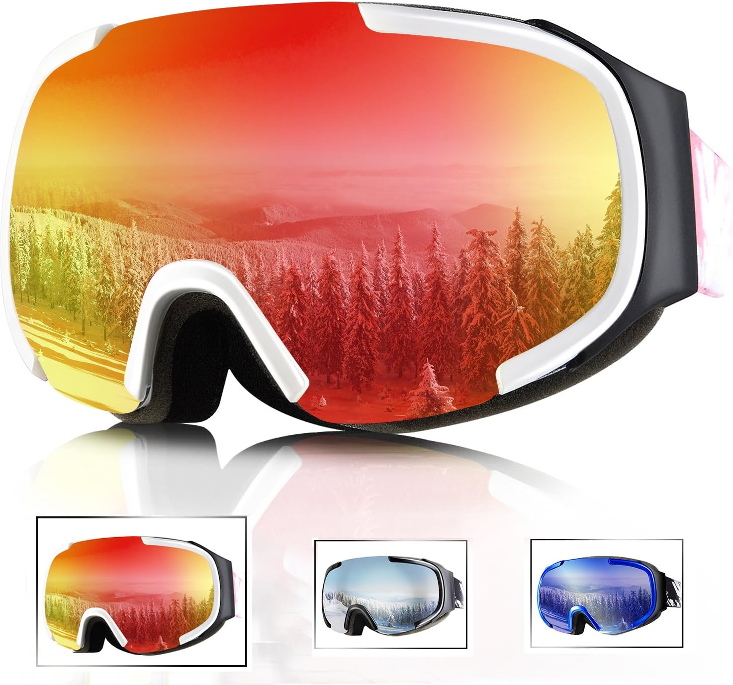 Tryiins Ski Goggles - Over Glasses Ski Snowboard Goggles for Men, Women & Youth Snowboarding Goggles- 100% UV Protection (red)