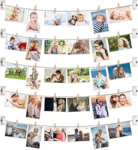 Emfogo Collage Picture Frames Hanging Photo Display Rustic Wood Photo Frame Collage with 30 Wood Clips Wall Art Decoration for Office Nursery Room Dorm Bedroom White