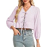 LUXEBOLD Womens Tops Cute Tie Front Striped Blouses Dressy Casual V Neck Shirts Trendy Long Sleeve Crop Tops