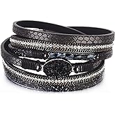 FANCY SHINY Boho Leather Wrap Bracelet Stackable Chunky Crystal Cuff Bracelets Western Jewelry Summer Beach Outfits for Women