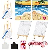 Yeaqee 13 Pcs Sip and Paint Kit for Adults Stretch Canvas Date Night Valentines Painting Kit Supplies Art Painting Set Outline Design Blank Stretch Canvas for Couple Party(Beach,10 x 8 Inch)