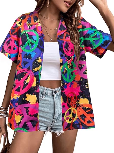 HIPPIE BUTTON DOWN SHIRT WOMEN: 70S HIPPY SHIRTS PEACE SIGN GRAPHIC TEE HIPPIE LOVER GIFTS VINTAGE SHORT SLEEVE TOPS