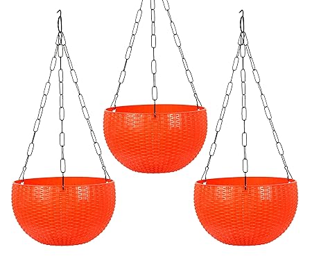 HINS 9 Inch Superior Hanging basket Flower Pot Set of 3 For Indoor And Outdoor Gardening (Orange, 3) Gamla For Garden 12 Inch I 12 Inch Pots For Plants I Pots For Plants I Succulent Pot Empty I Plastic Tub For Gardening I Flower Pots For Garden Big Size 12 I Falawar Pot For Garden I Fiber Gamla I Plastic Pot I 12 Inch Pot I Flowwr Pot I Flowee Pots