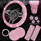 AutoCabins 11 pcs Bling Car Accessories Set for Women, Steering Wheel Cover, Sparkly Seat Belt Covers, Daisy Vent Clips, Bling Shift Cover,Universal Fit Most Cars (Pink Diamond)