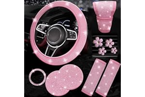 AutoCabins 11 pcs Bling Car Accessories Set for Women, Steering Wheel Cover, Sparkly Seat Belt Covers, Daisy Vent Clips, Bling Shift Cover，Universal Fit Most Cars (Pink Diamond)