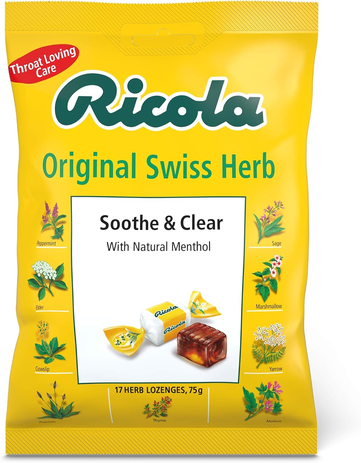 Ricola Original Cough Drops Bag, Pack of 12, Naturally Effective Throat Lozenges, Cough Sweets, 75 g, Clear Brown, 12 Pack (75 g)