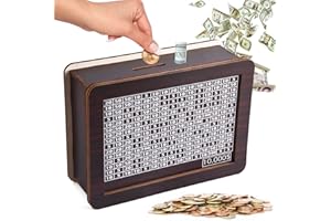 BYYKIT Cash Vault Wooden Saving Box, Coin Bank for Boys and Girls, Wooden Cash Box with Counter, Piggy Bank for Adults Kids, Money Box with Currency Goals and Numbers ($10000)