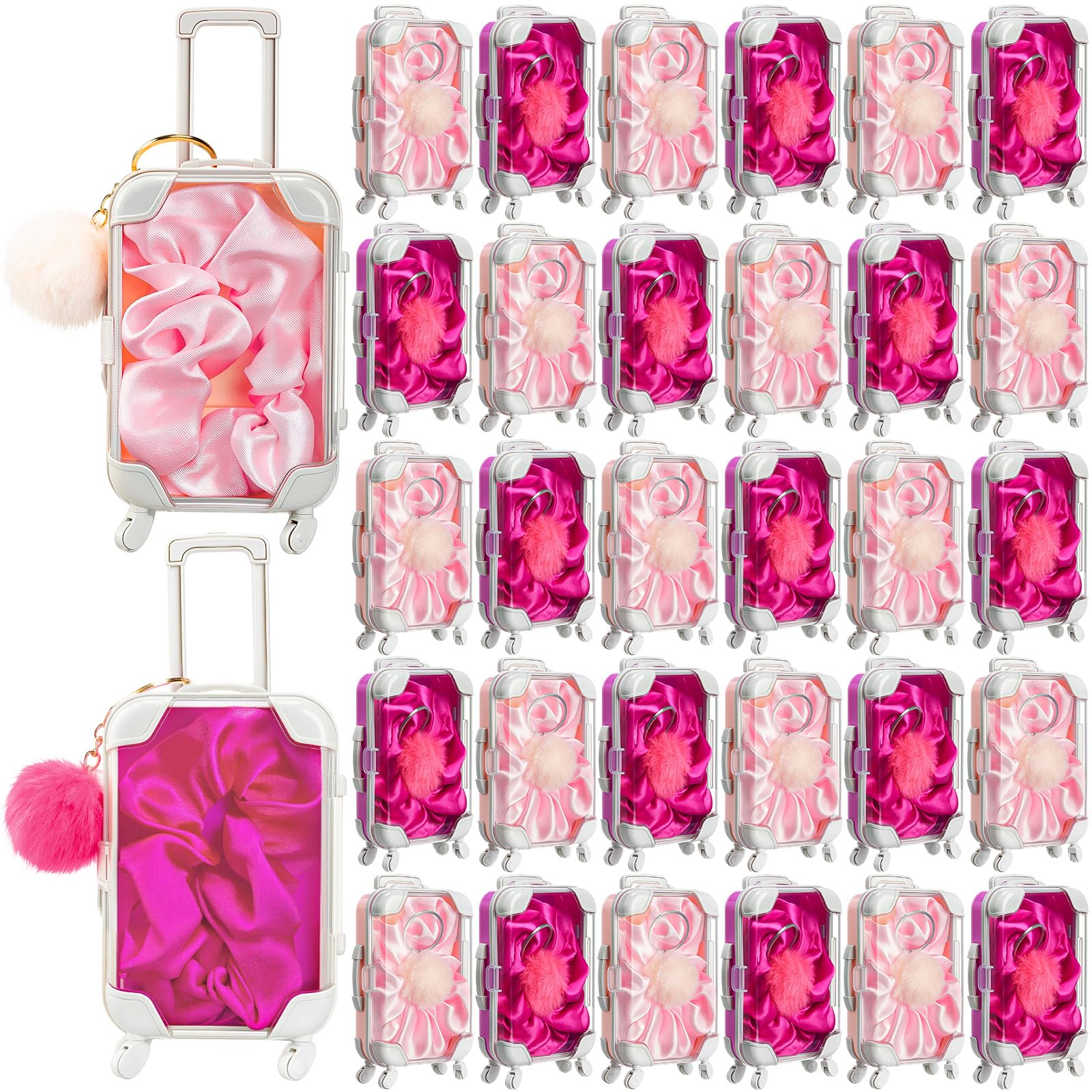 Photo 1 of **missing some**LemonRoad 90 Pcs Clear Mini Suitcase Party Favor Box with Plush Ball Keychain and Scrunchies Mini Suitcase Gift Box Luggage Storage Containers for Candy False Eyelashes Jewelry(Pink and Rose Red)