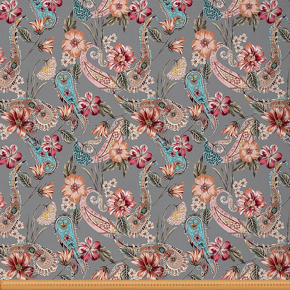 Paisley Floral Upholstery Fabric by The Yard,Ethnic Floral Flowers Leaves Reupholstery Fabric for Chairs,Vintage Branches Room Fabric for Outdoor and DIY Projects,1 Yard,(L92*W150cm) Grey