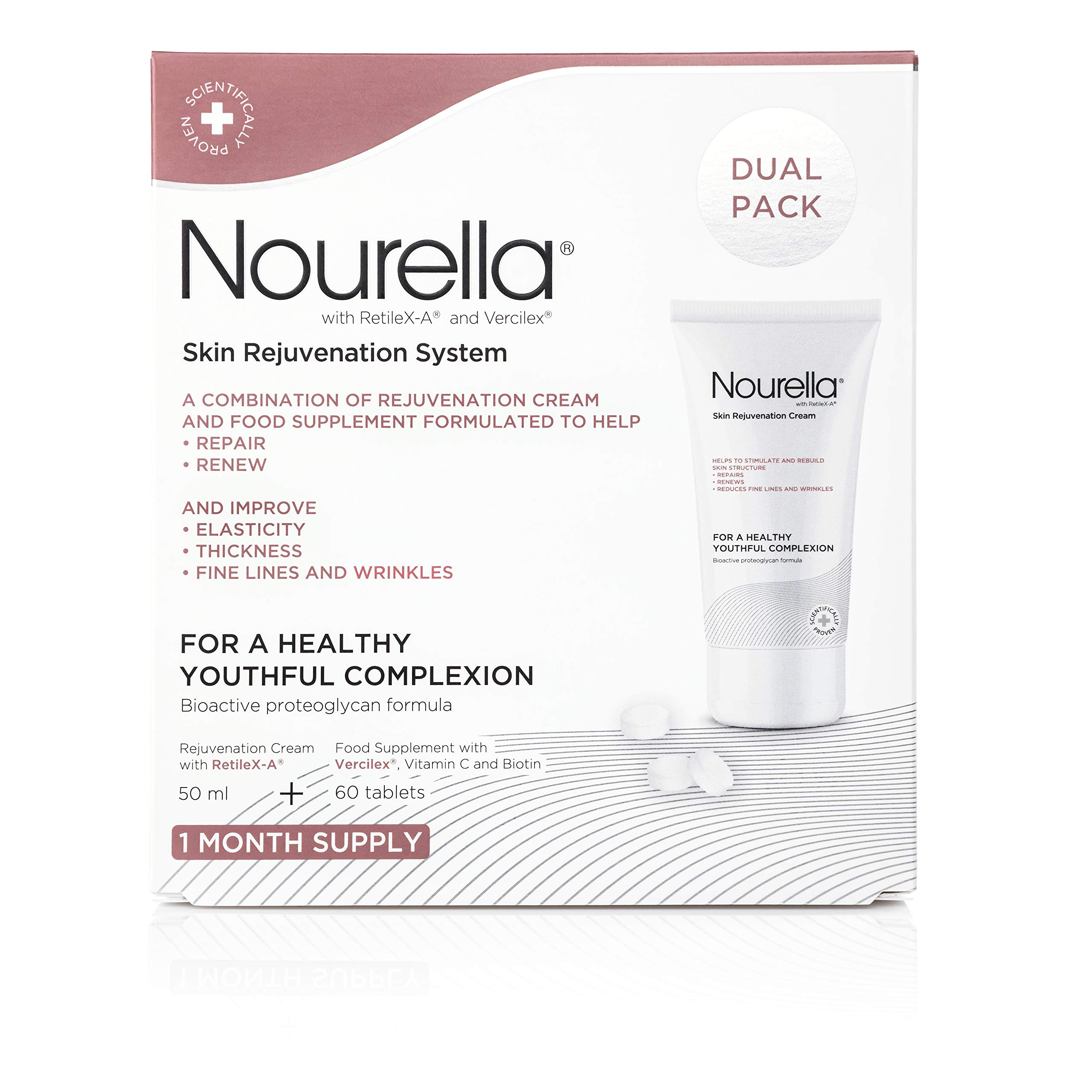 Nourella Skin Rejuvenation System Dual Pack containing 60 tablets food supplement with Vercilex, silica, Vitamin C and biotin and Skin Rejuvenation Cream with RetileX-A to support collagen activity