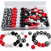 Kovict 117Pcs 12mm 15mm Silicone Beads for Keychain Making,Grid Print Round Hexagon Print 10mm Rondelle Rhinestone Spacer Lentil Silicone Beads for Pens