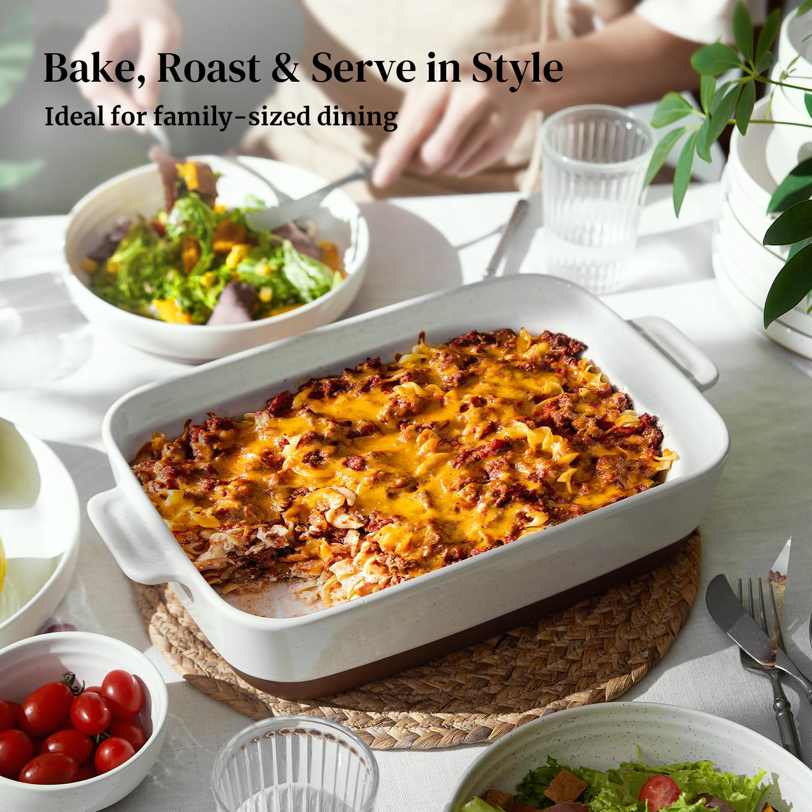 DOWAN Ceramic Casserole Dish for Oven, 9x13 Deep Lasagna Pan, Large Baking Dish with Handles, 4.3 Quarts Durable and Oven Safe Pan, for Roasting and Baking, Alabaster White