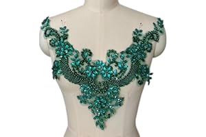 Succi Shan Lace Flower Beads Pearl Patches,Sew on Rhinestones Appliques for Dress Clothing Neckline (Deep Green)