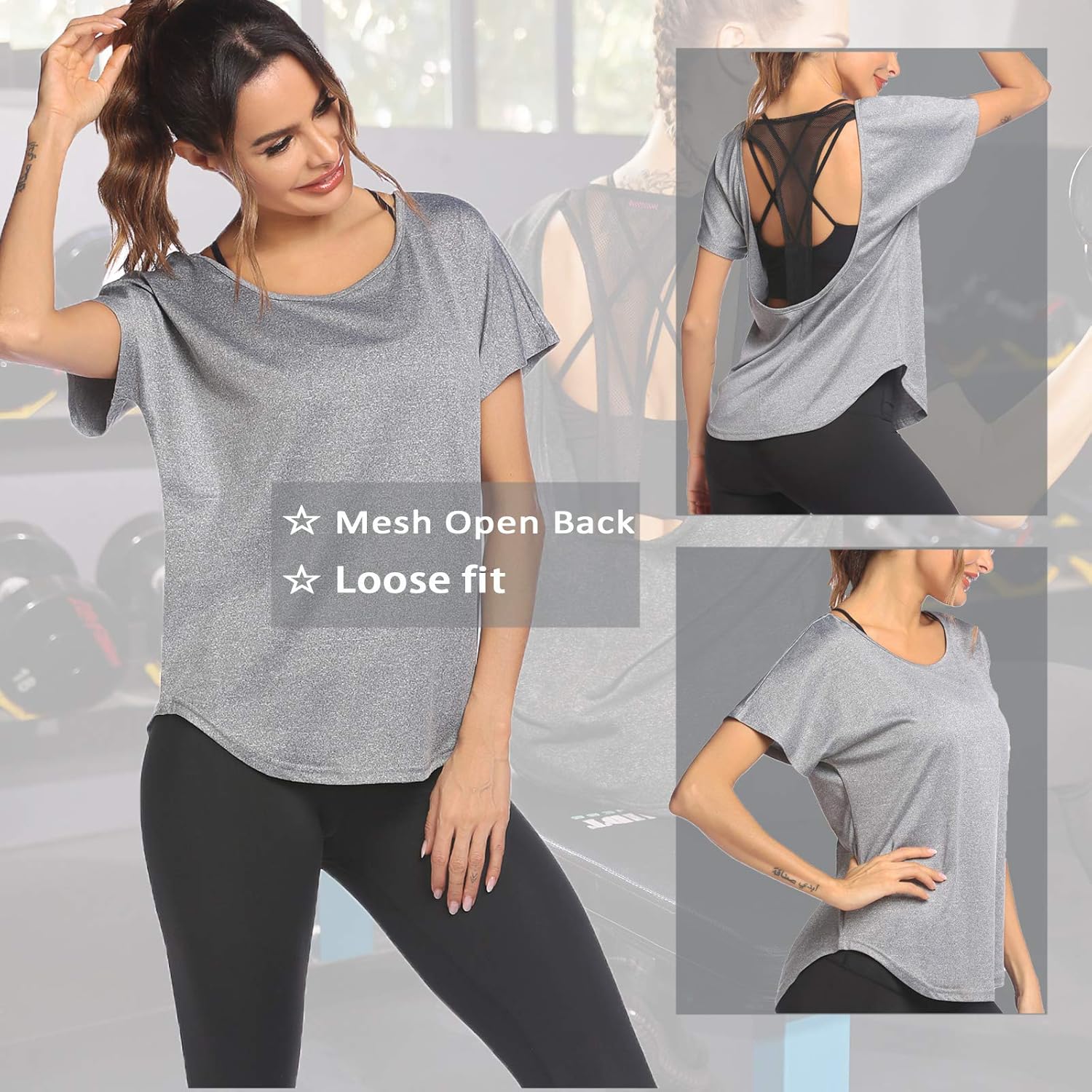 COOrun Workout Tops for Women Loose Fit Yoga Shirts Mesh Open Back Women Active Sports Running Clothing: Clothing