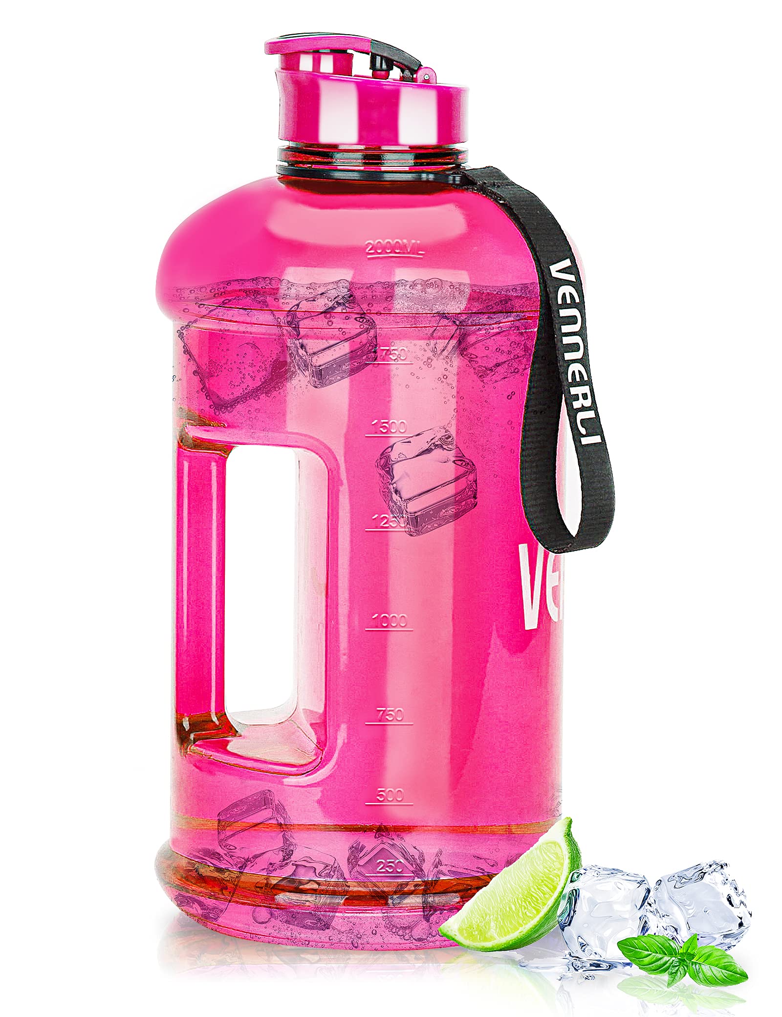 VENNERLI Half Gallon Water Bottle 2.2L Bottles with Handle Flip Cap 100% Leak Proof BPA Free Reusable Durable Big Gym Jug for Camping Sports Workouts Hiking Outdoors 2.2Litre (Pink)