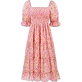 R.Vivimos Women's Summer Dress Chiffon Boho Puff Sleeves Ruffle Floral Print Causal Off Shoulder Split Midi Dress