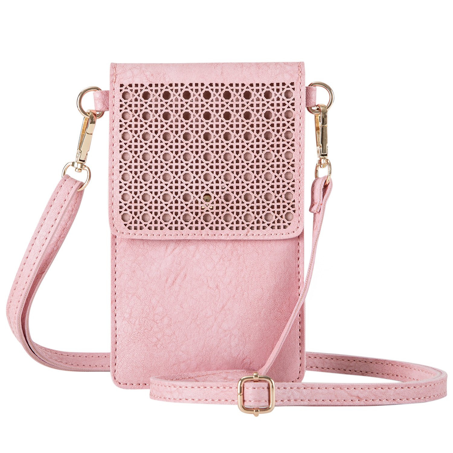 AnsTOP Women Hollow Texture Leather Small Crossbody Bag Cell Phone Pouch Handbag with 2 Shoulder Straps Pink