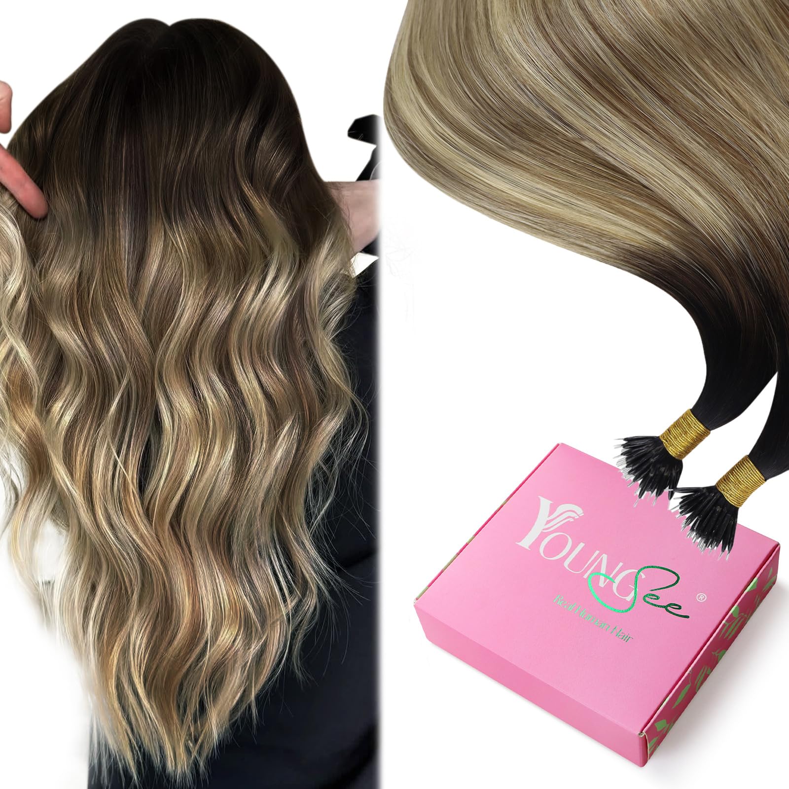 YoungSee Nano Beads Hair Extension Ombre 14 inch Nano Hair Extensions Real Human Hair Dark Brown to Medium Brown with Blonde Ombre Pre Bonded Nano Tip Extensions for Women Cold Fusion 50s 50g — image 1