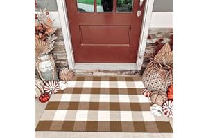 CAINANEL Fall Door Mat Front Door Rug Farmhouse Brown and White Buffalo Check Rug Layered Welcome Door Mat for Front Porch Decor, Front Door, Farmhouse Decor (27.5"x43", Coffee and White)