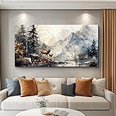 FUHAIHUA Canvas Wall Art For Living Room Framed Wall Decor For Bedroom Office Mountain Forest Landscape Ink Paintings Deer Pictures Artwork Modern Aesthetic Home Decor 20x40 In
