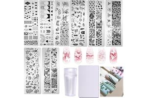 AddFavor Nail Stamper Kit 8pcs Nail Stamping Plates Flower Leaves Geometric Butterfly Image Nail Stencils with Silicone Stamp and Scraper for Women Girls Summer Nail Art Design Supplies Tools