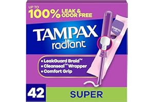 Tampax Radiant Tampons, with LeakGuard Braid, Super Absorbency, Unscented, 42 Count