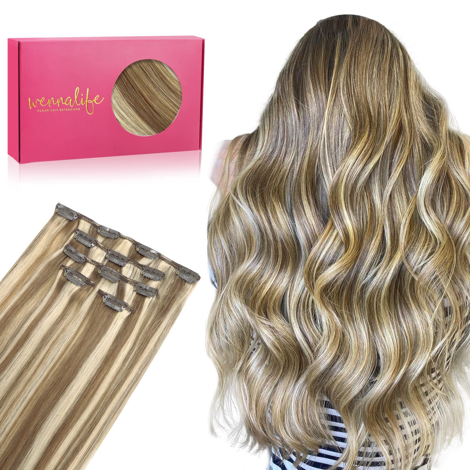 Wennalife Clip In Hair Extensions, 20 Inch 80g 5pcs Ash Brown Highlighted Golden Blonde Extensions Real Remy Human Natural Silky 1.0 count — image 1