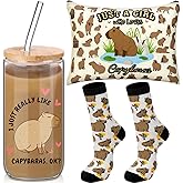 Layhit 3 Pcs Capybara Gifts for Women Thank You Gift 16 oz Coffee Glass Cosmetic Makeup Bag Cute Socks Valentine's Day Gift for Animal Capybara Lovers