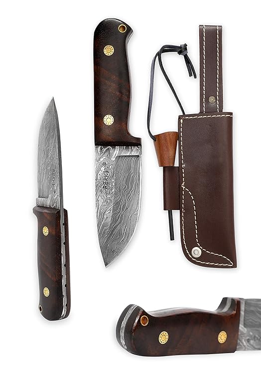 Damast Jagdmesser mit Scheide und Feuerstahl