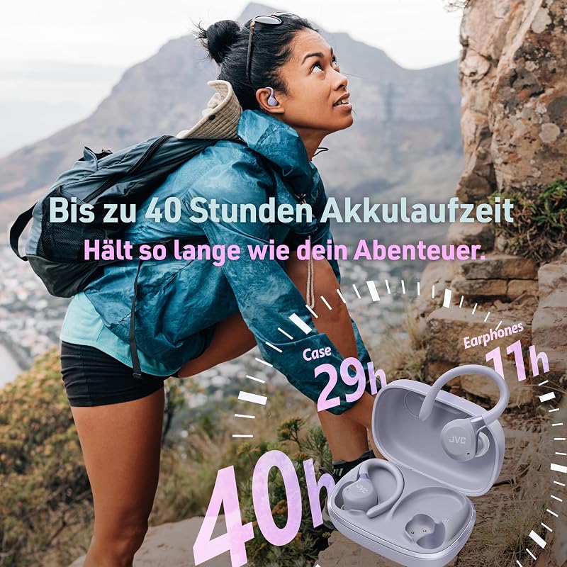Fitness Series True Wireless Sport-Kopfhörer mit verstellbaren Bügeln, Active Noise Cancelling, Umgebungsmodus, IP57, 40 Std. Akkulaufzeit, App-EQ, geringe Latenz, Mikrofon – JVC HA-EC75T-V Violett