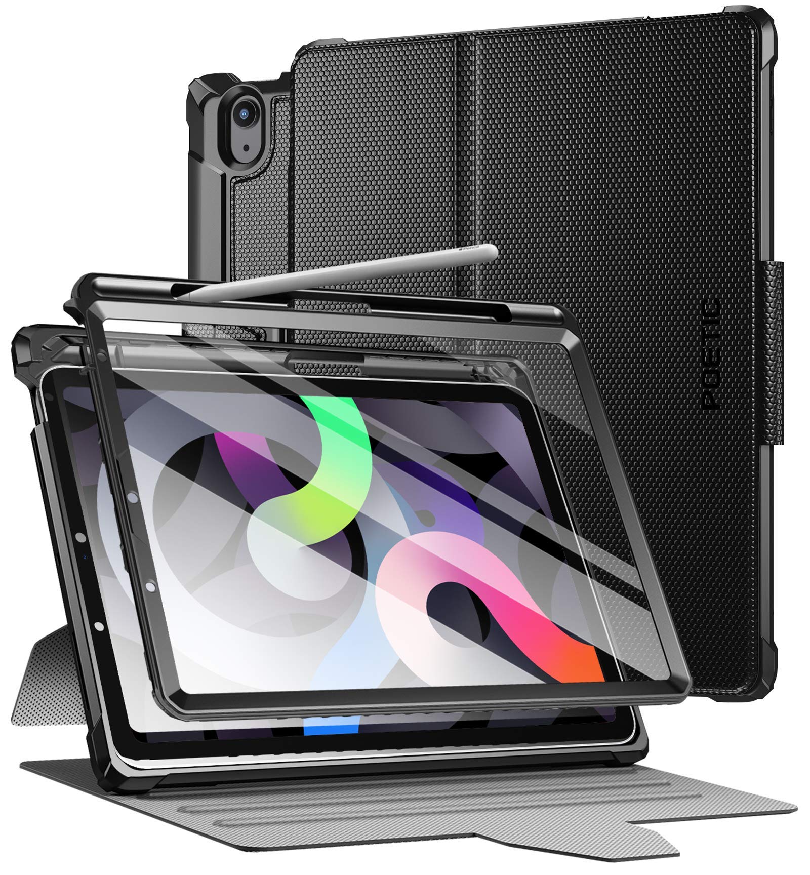 Poetic Explorer Case Compatible with iPad Air 5 2022 / iPad Air 4 2020 10.9 inch, Full Body Triple Layers Tough 360 Degree Stand Folio Cover with Pencil Holder, Built-in Screen Protector, Black